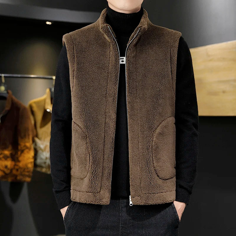 Winter Lamb Wool Vests Men Warm Coat Fashion Casual Thick Stand Collar