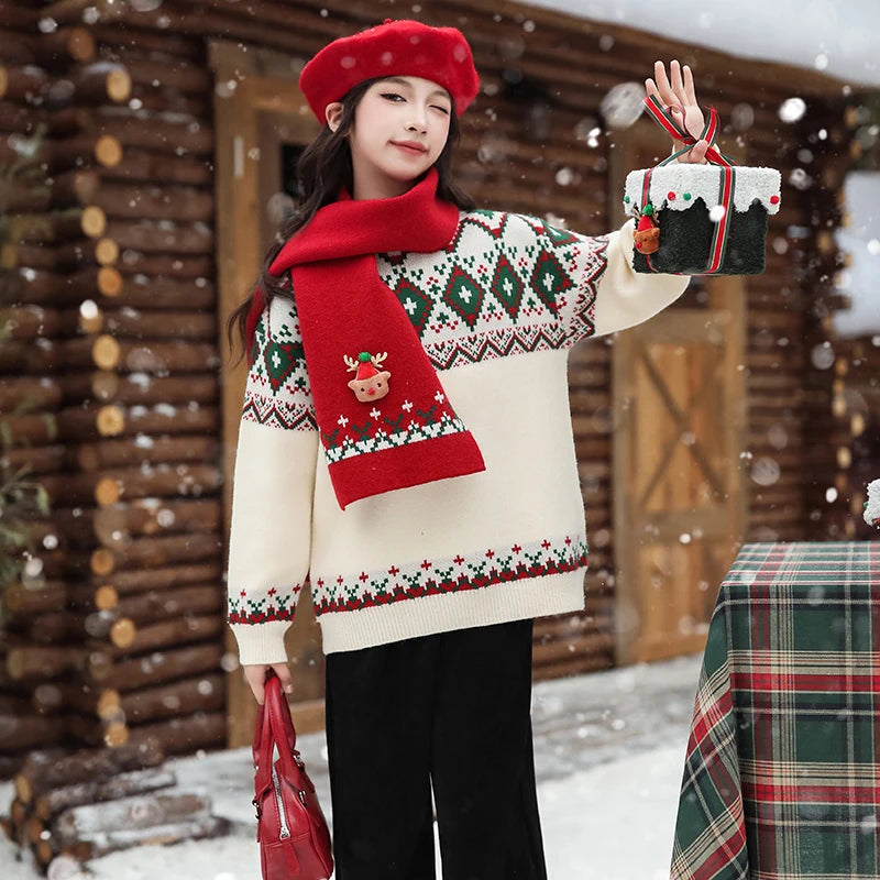 Elegant Girls Christmas Sweater with Scarf For Child New Year Knitted Clothing for Babies Kids