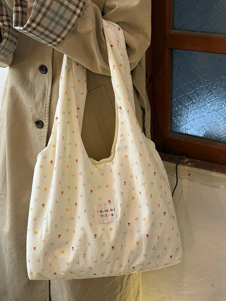 Women's Tote Bags Korean Floral Sweet Fashionable Versatile Canvas Bags