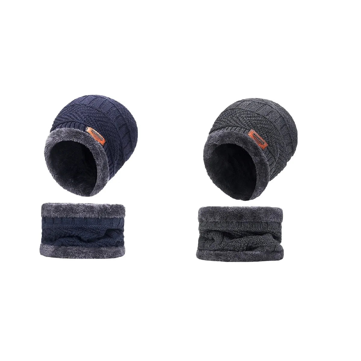 Winter Hat For Men Fleece Scarf Women Neck Leather Knitted Cap Thick Wool Neck Warmer