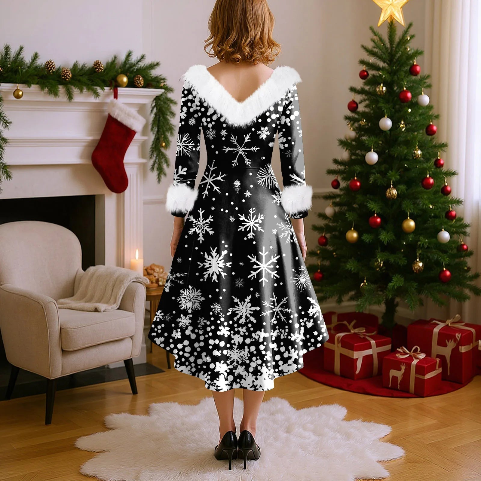Winter Ladies' Christmas Printed Dress Party Dress Festive Vintage