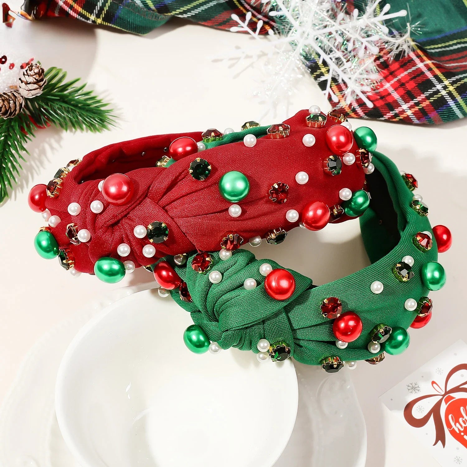Women Christmas  Beaded Xmas Bow Tree Snowflake Knotted Headband