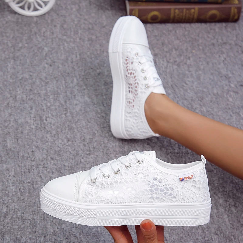 Women Shoes Fashion Casual White Shoes Cutouts Lace Canvas