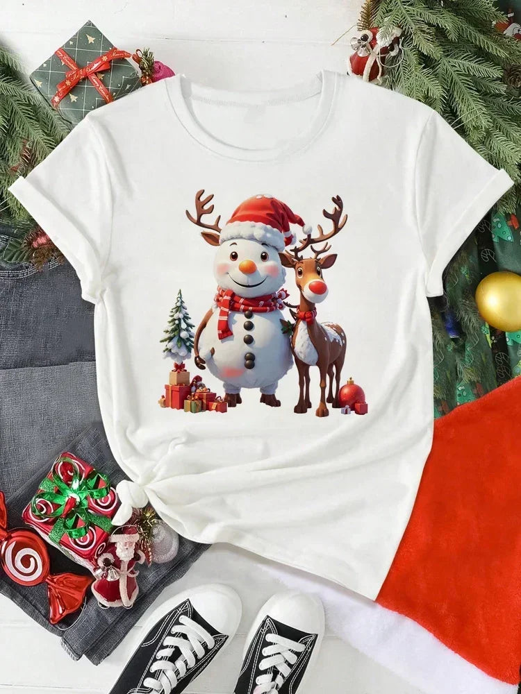 Christmas Women Casual T Shirt Cartoon Snowman Reindeer Christmas Tree