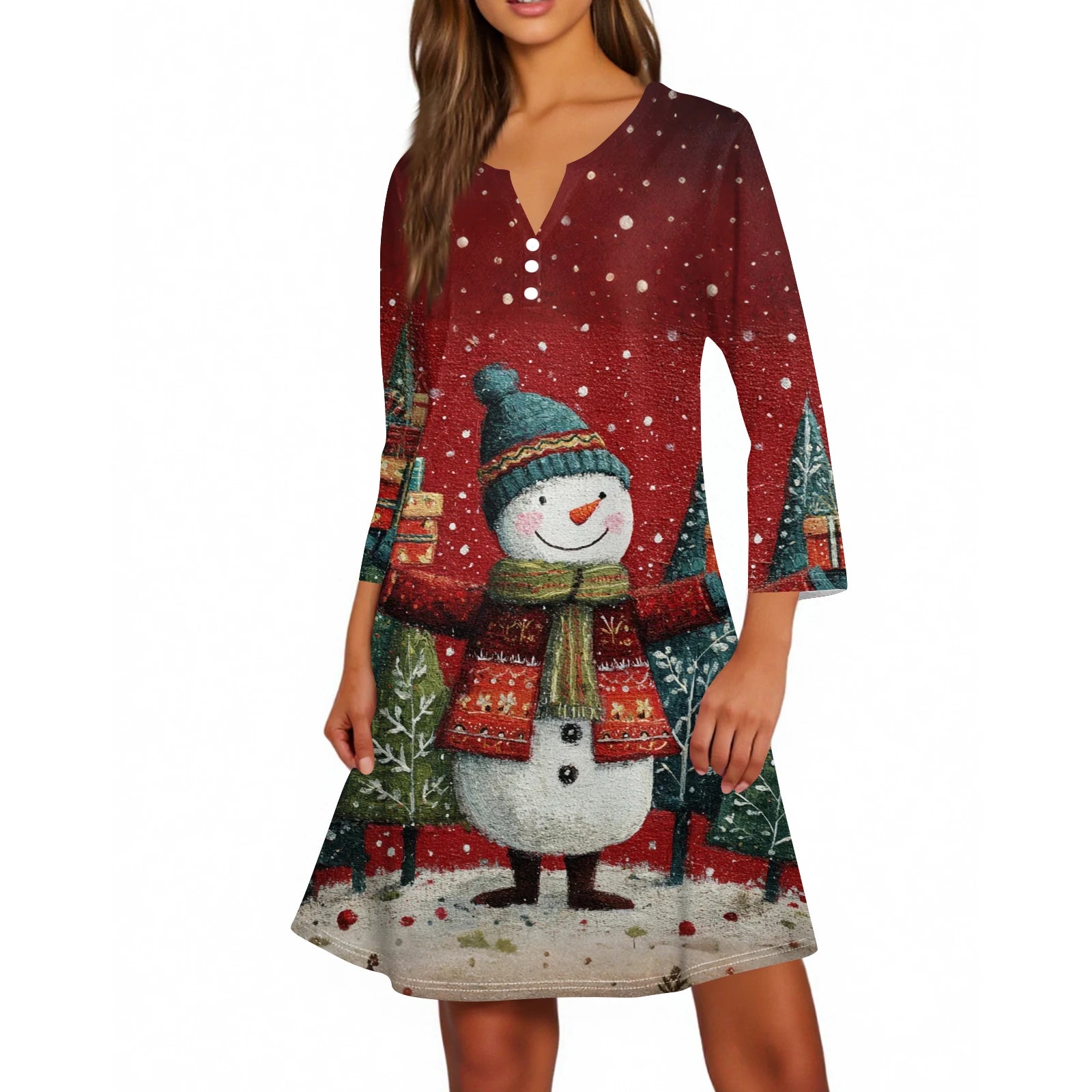 Christmas Women Cute Snowman Printed Dress Spring Autumn Lady's Casual Loose V-neck