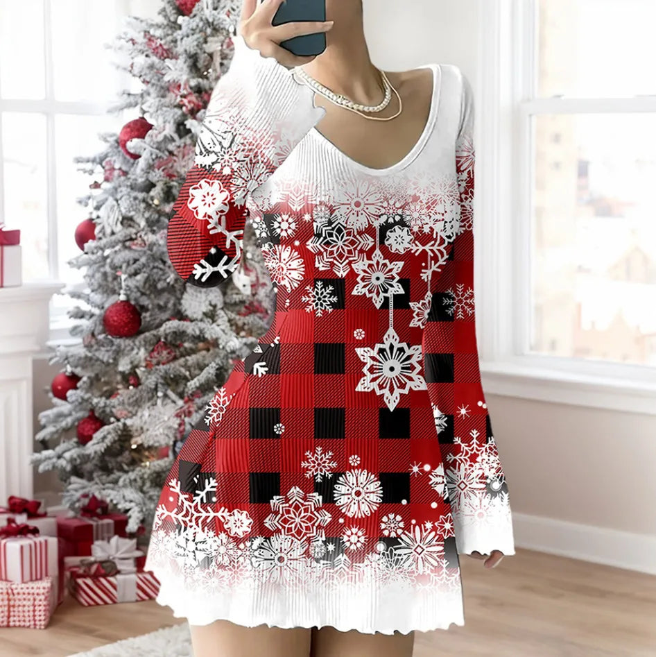 Fashion Christmas Dress For Women Casual Print Long Sleeve