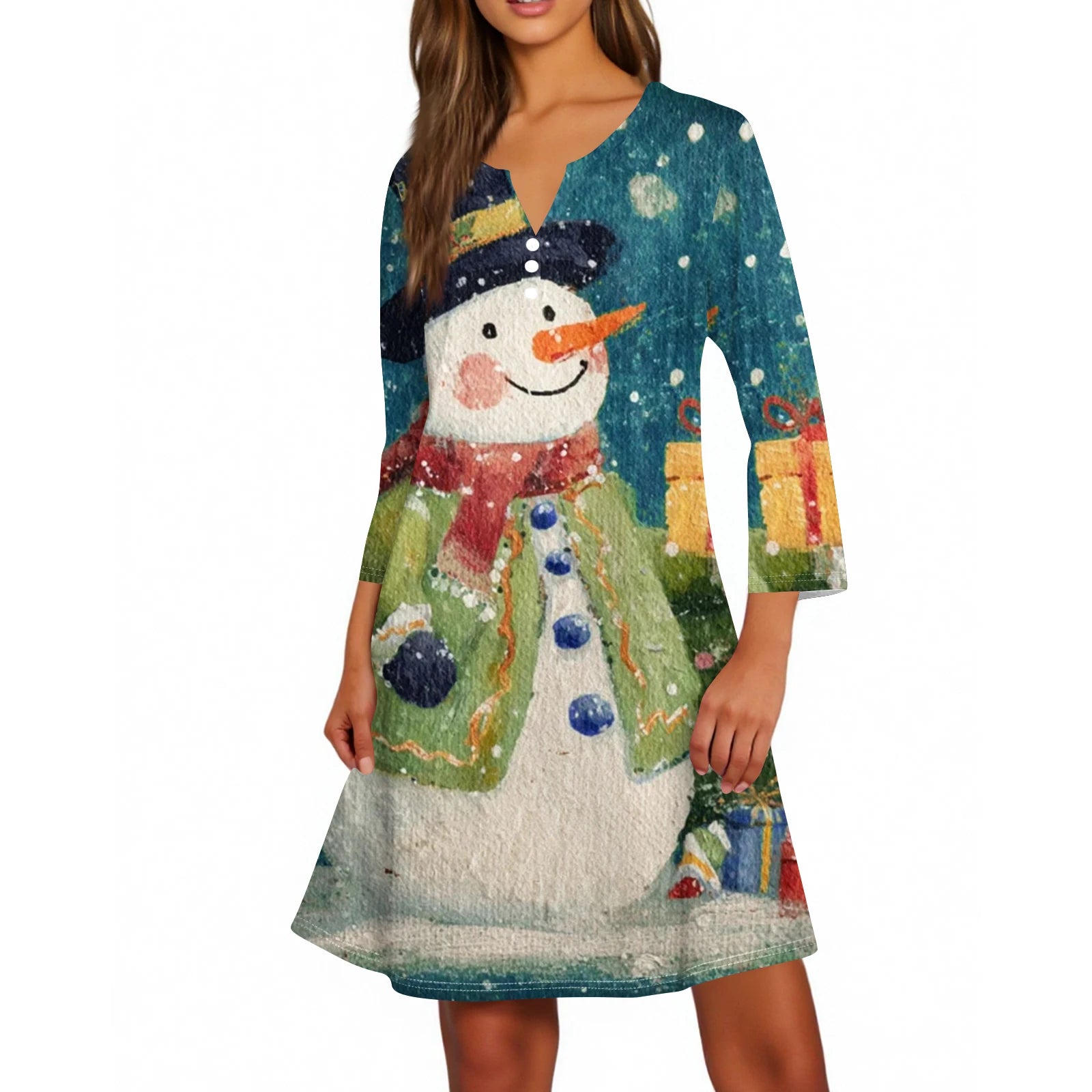 Christmas Women Cute Snowman Printed Dress Spring Autumn Lady's Casual Loose V-neck