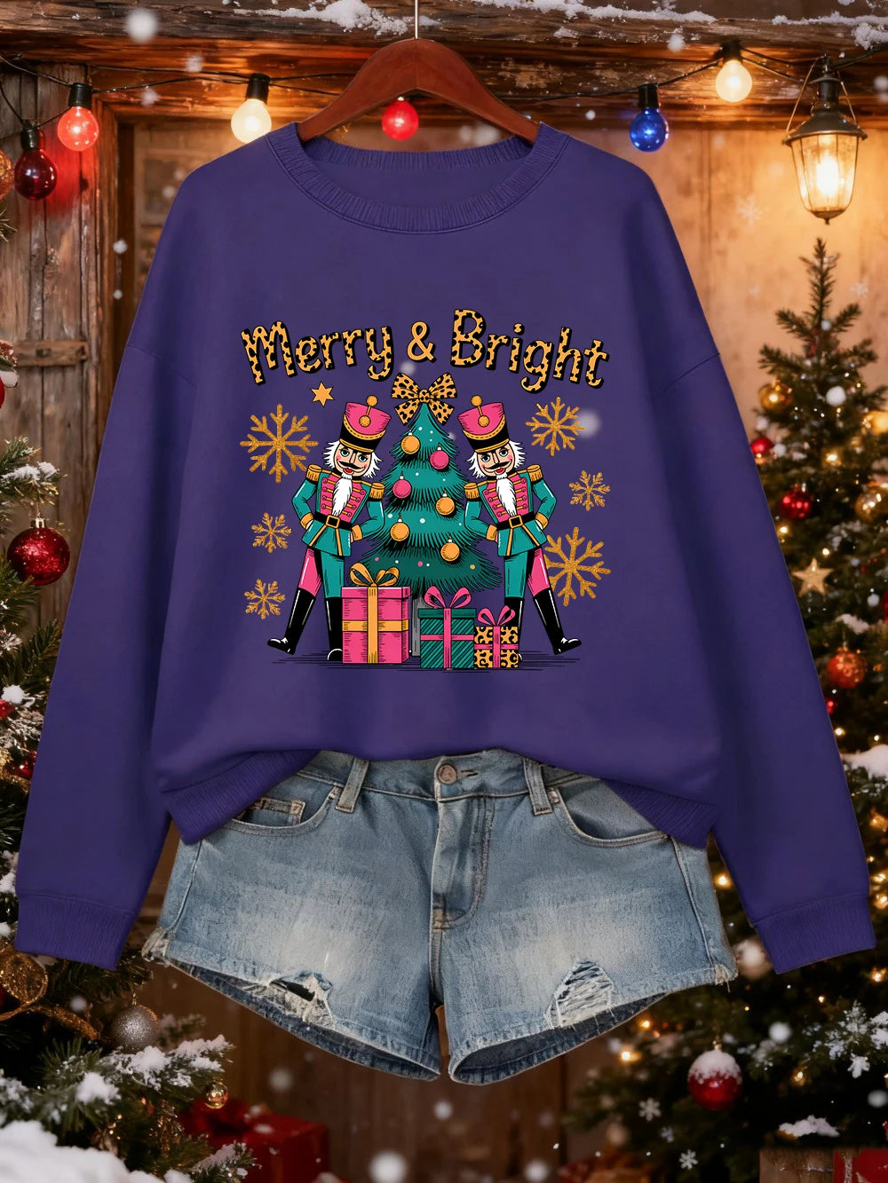 Merry Bright Christmas Gifts Prints Sweatshirt Women Crewneck Casual Hoodie