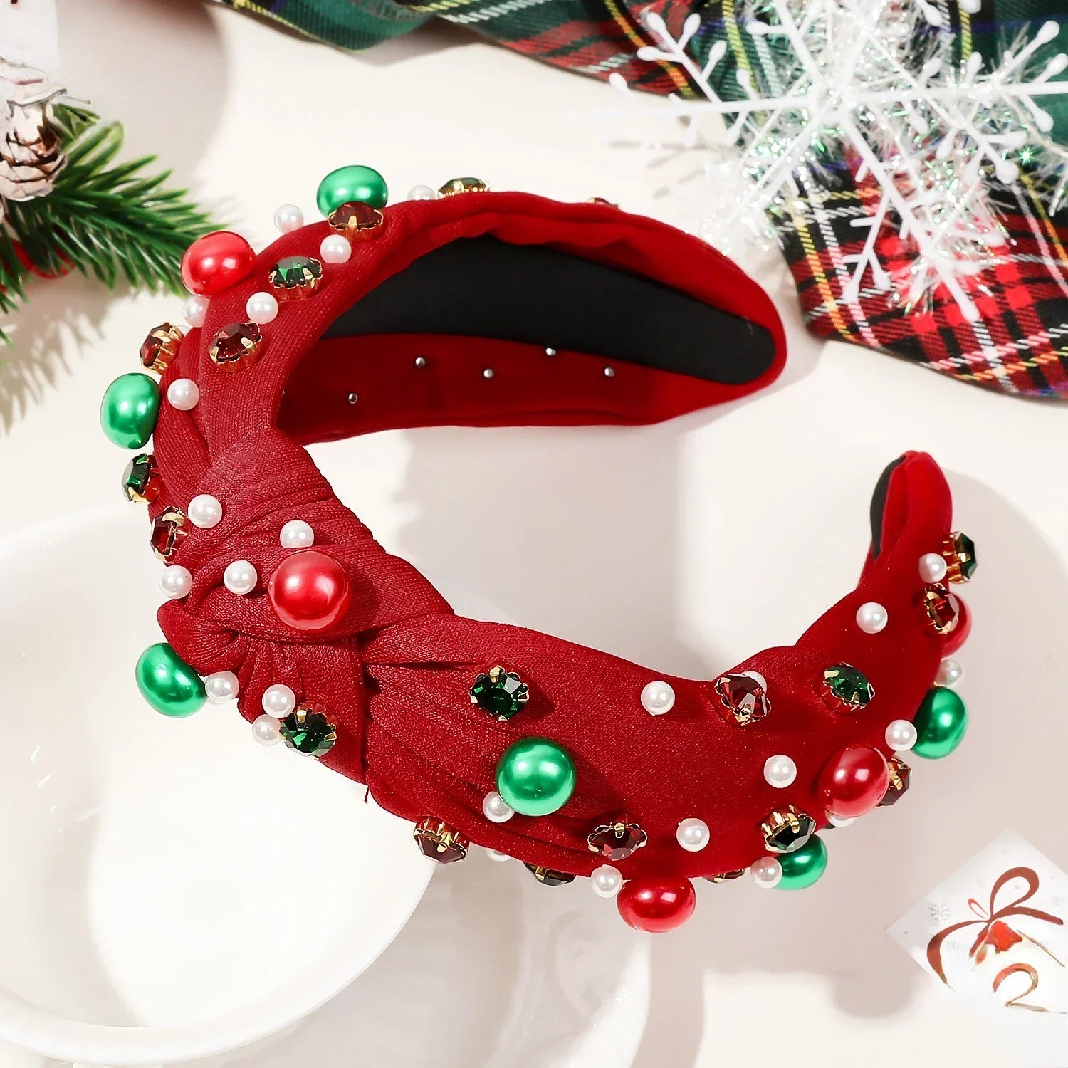Women Christmas  Beaded Xmas Bow Tree Snowflake Knotted Headband