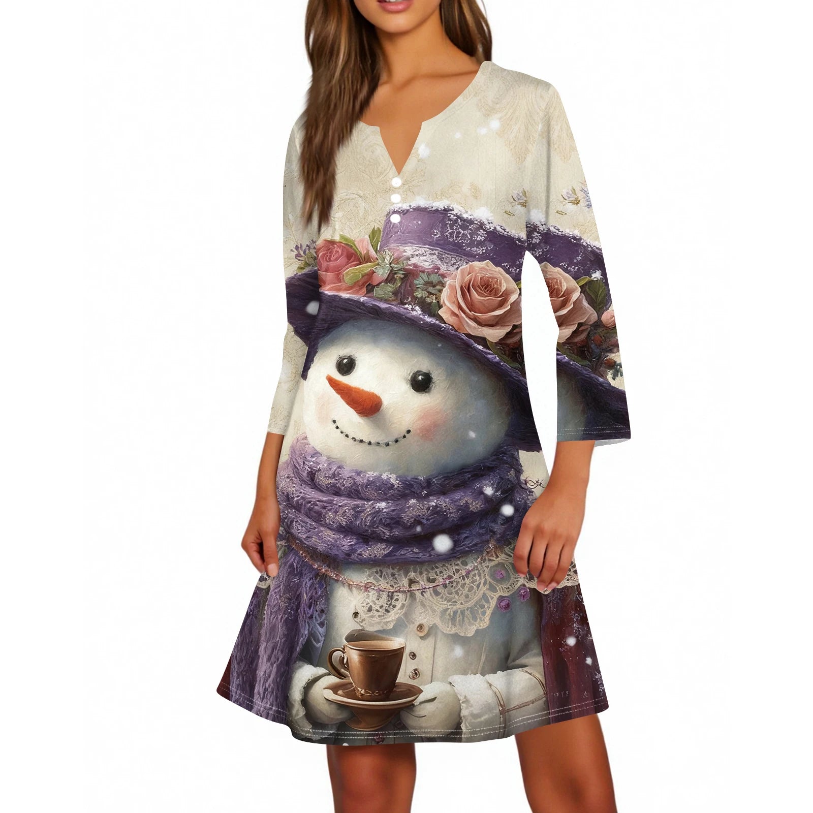 Christmas Women Cute Snowman Printed Dress Spring Autumn Lady's Casual Loose V-neck