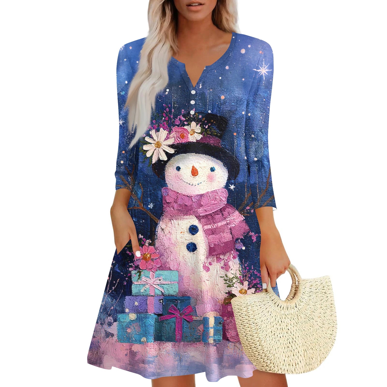 Christmas Women Cute Snowman Printed Dress Spring Autumn Lady's Casual Loose V-neck