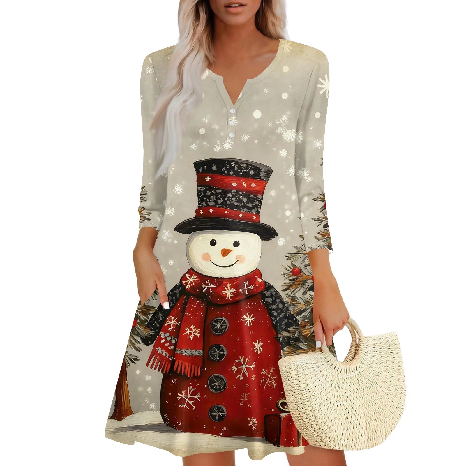 Christmas Women Cute Snowman Printed Dress Spring Autumn Lady's Casual Loose V-neck