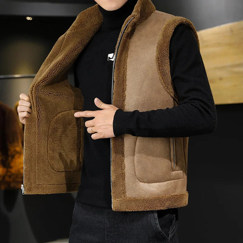 Winter Lamb Wool Vests Men Warm Coat Fashion Casual Thick Stand Collar