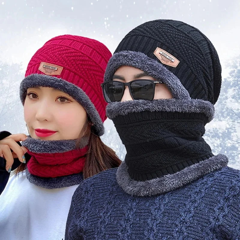 Winter Hat For Men Fleece Scarf Women Neck Leather Knitted Cap Thick Wool Neck Warmer