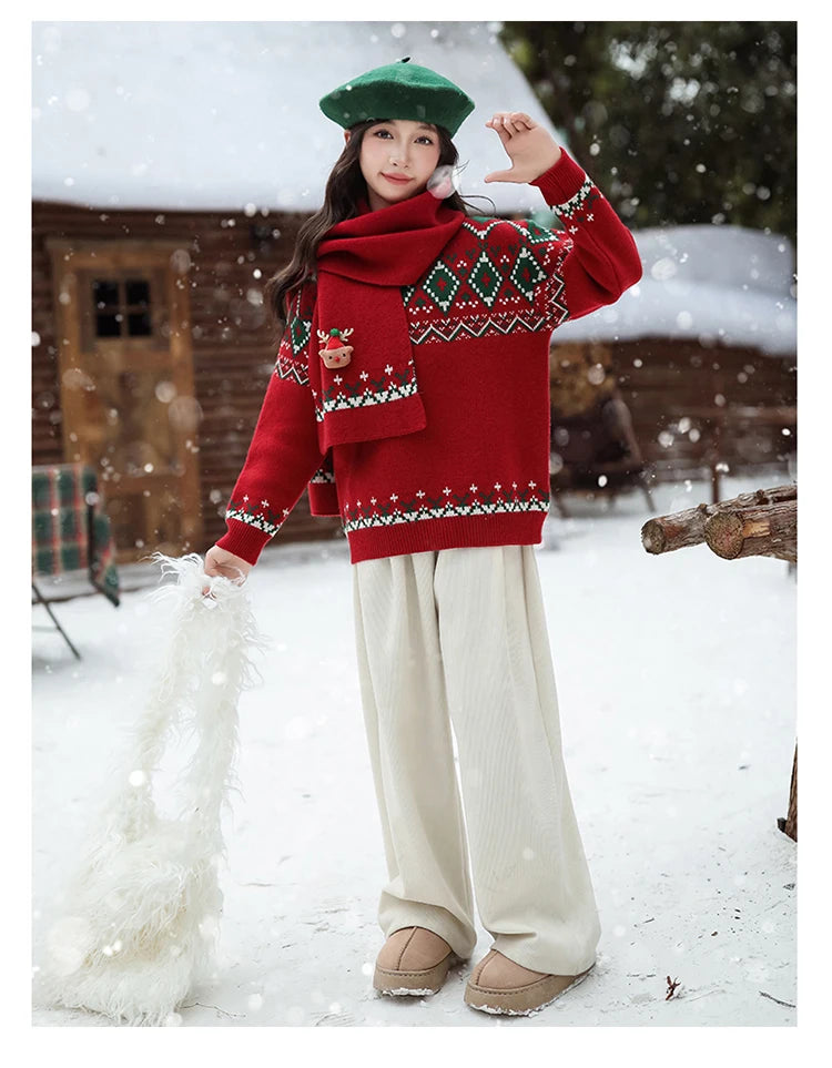 Elegant Girls Christmas Sweater with Scarf For Child New Year Knitted Clothing for Babies Kids