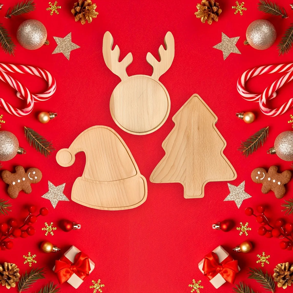 Christmas Charm Wooden appetizers, snacks, desserts and sweets, festive reindeer, tree