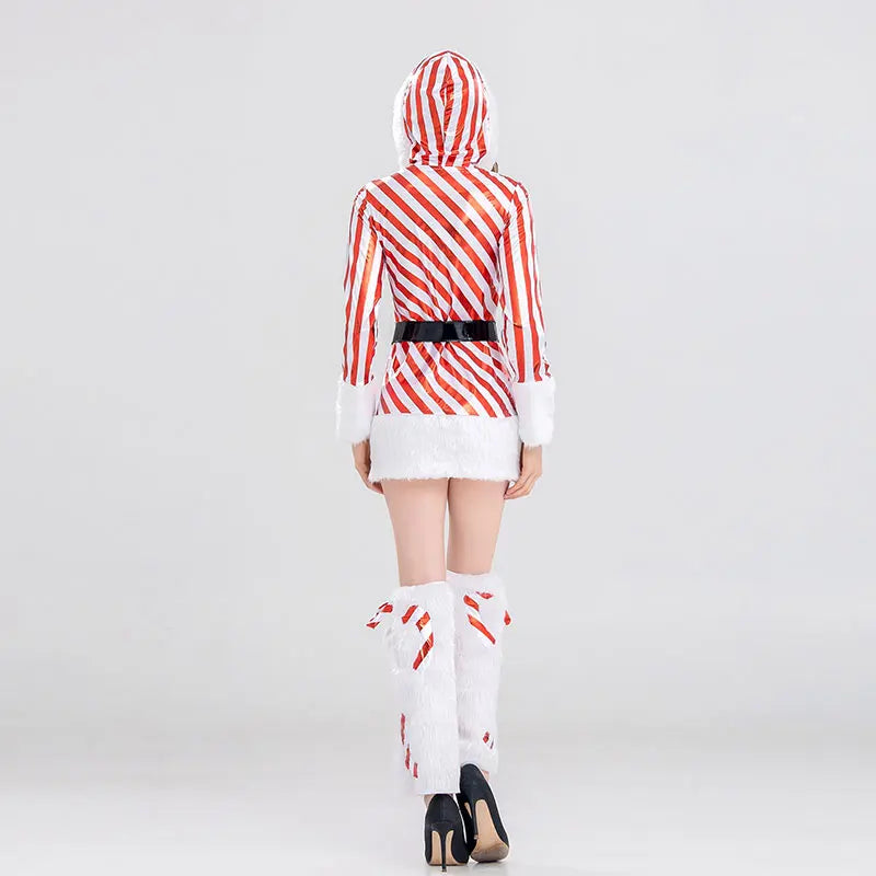 New Women Christmas Hooded Dress 3Pcs Up Winter Velvet Striped Mrs Claus Santa