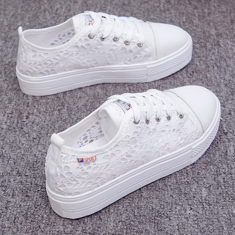 Women Shoes Fashion Casual White Shoes Cutouts Lace Canvas