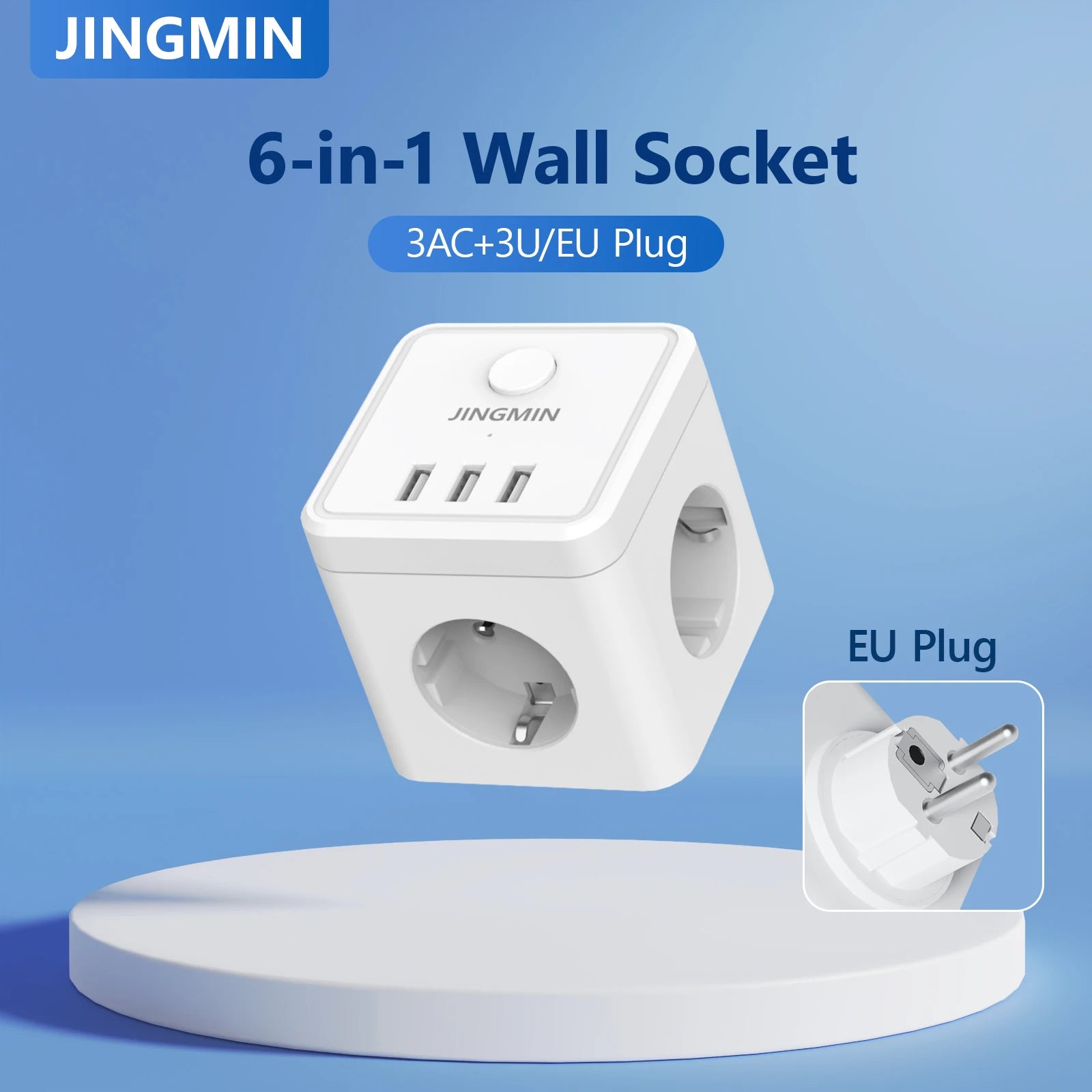 Wall Socket Extender with 3 AC Outlets 3 USB Ports 6-in-1 EU Plug Charger