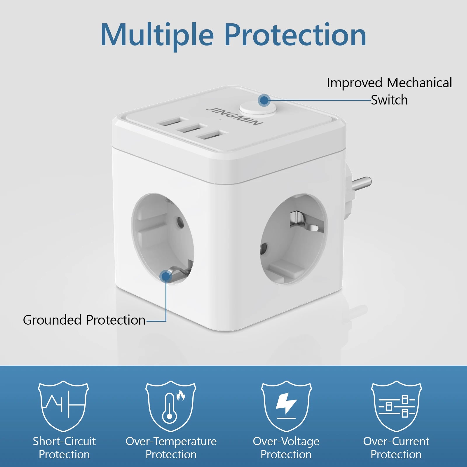 Wall Socket Extender with 3 AC Outlets 3 USB Ports 6-in-1 EU Plug Charger