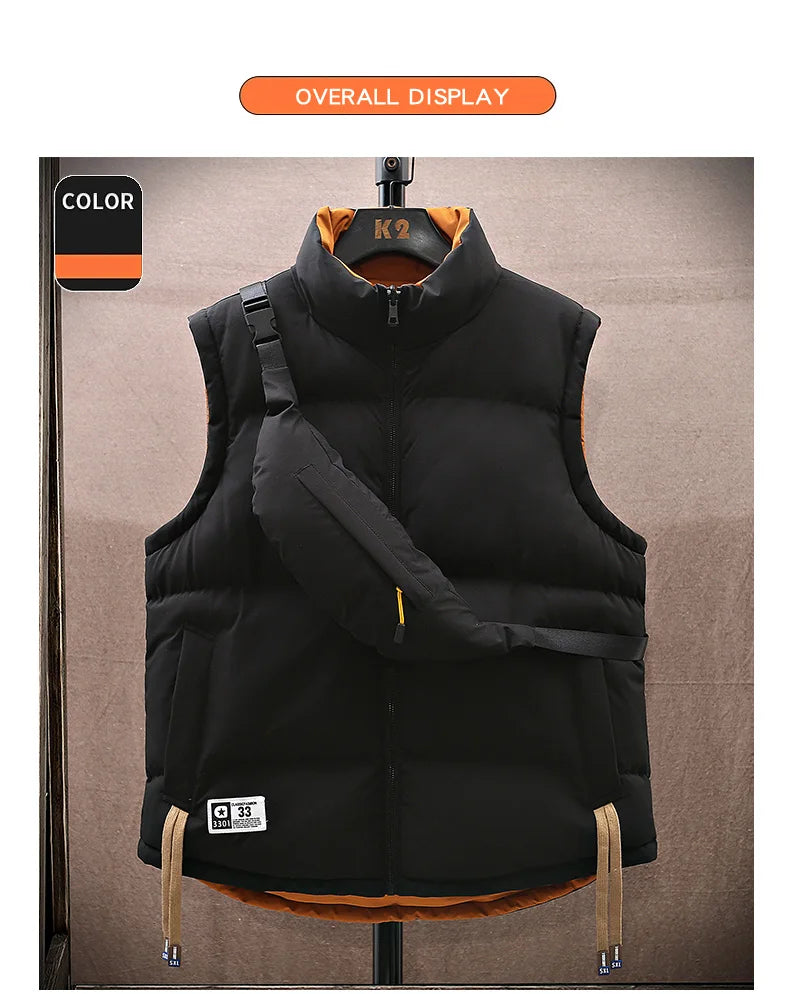 Men Winter Vest With Bag Casual Warm Stand Collar