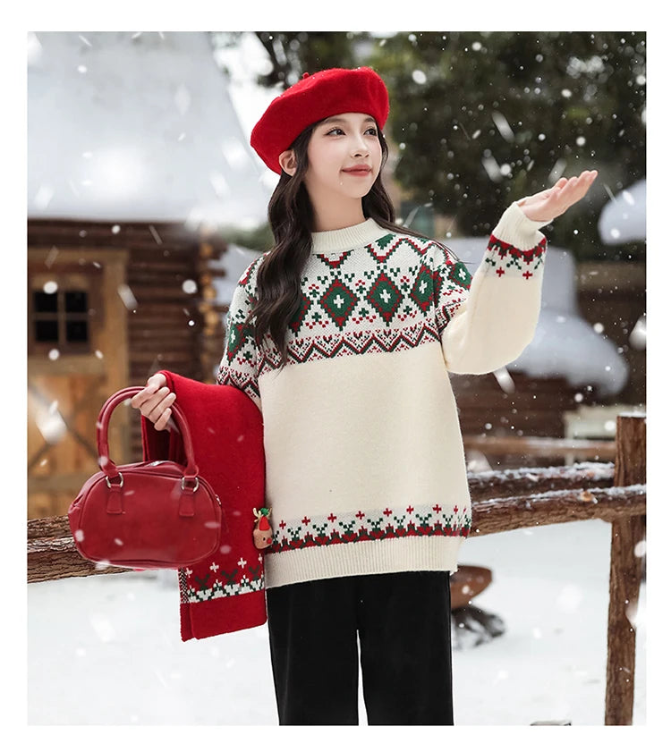 Elegant Girls Christmas Sweater with Scarf For Child New Year Knitted Clothing for Babies Kids