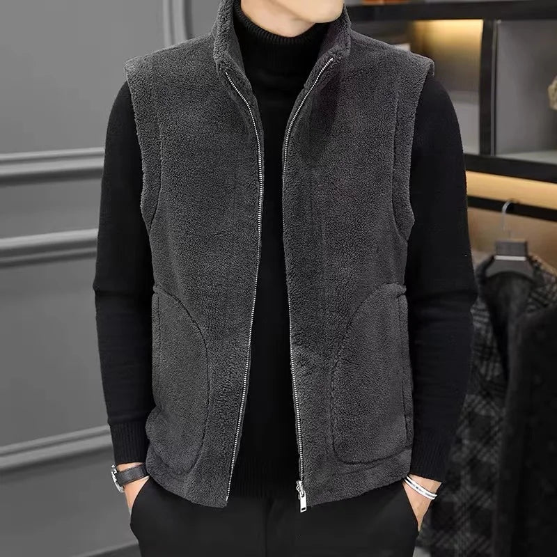 Winter Lamb Wool Vests Men Warm Coat Fashion Casual Thick Stand Collar