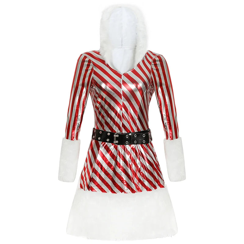 New Women Christmas Hooded Dress 3Pcs Up Winter Velvet Striped Mrs Claus Santa