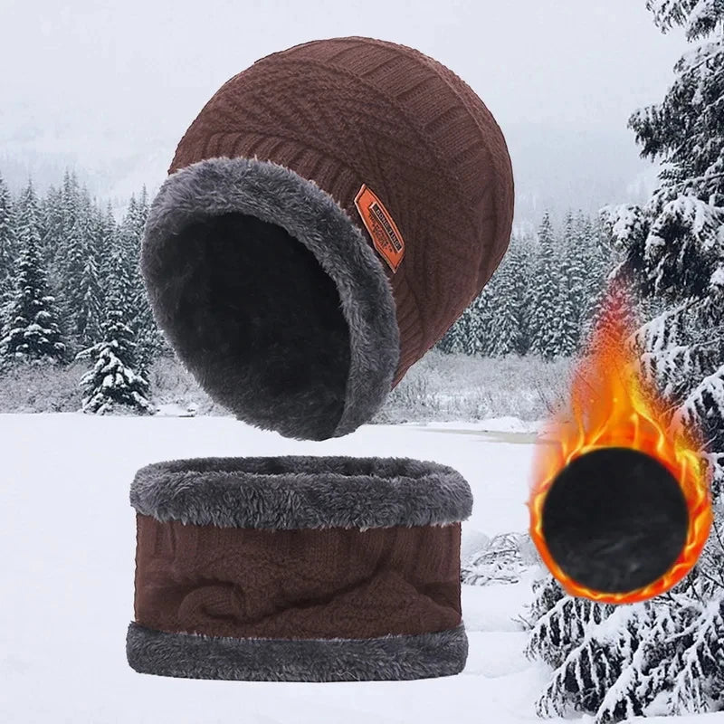 Winter Hat For Men Fleece Scarf Women Neck Leather Knitted Cap Thick Wool Neck Warmer