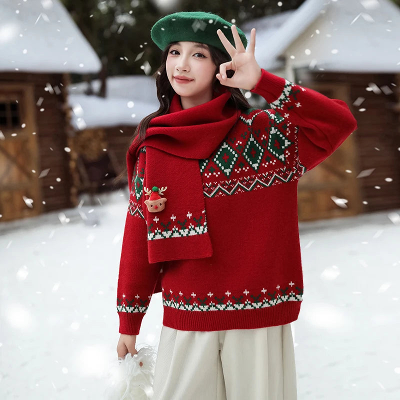Elegant Girls Christmas Sweater with Scarf For Child New Year Knitted Clothing for Babies Kids