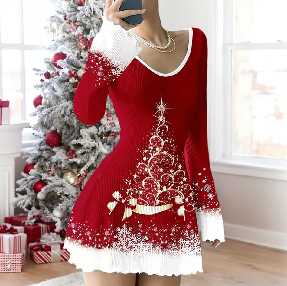Fashion Christmas Dress For Women Casual Print Long Sleeve