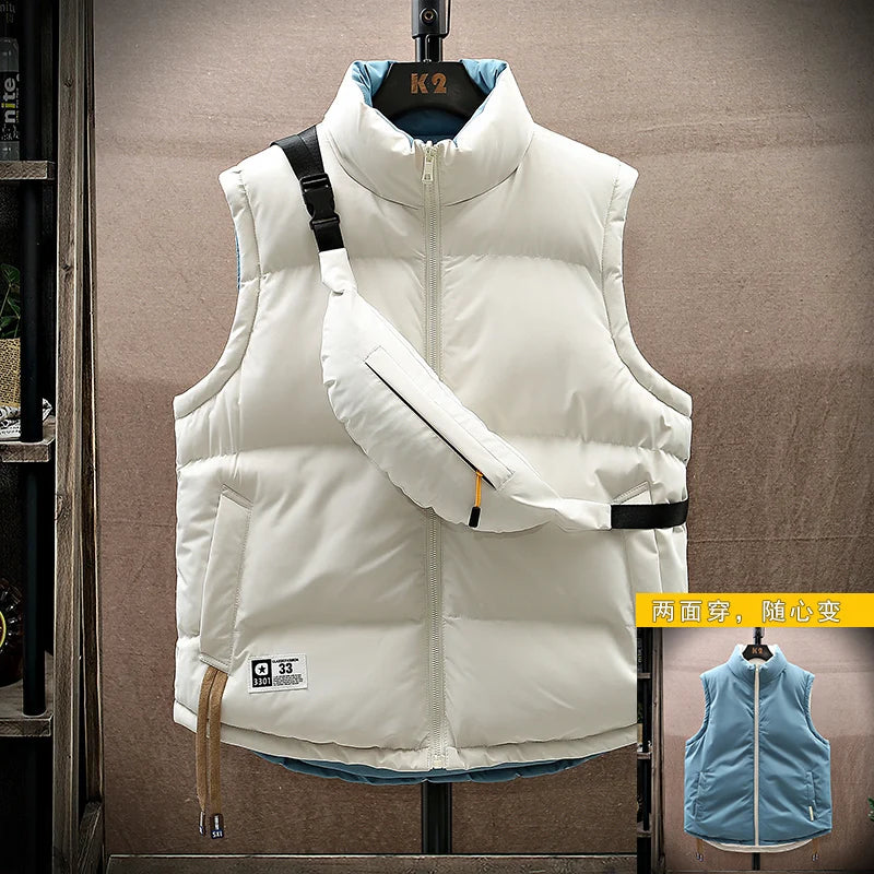 Men Winter Vest With Bag Casual Warm Stand Collar