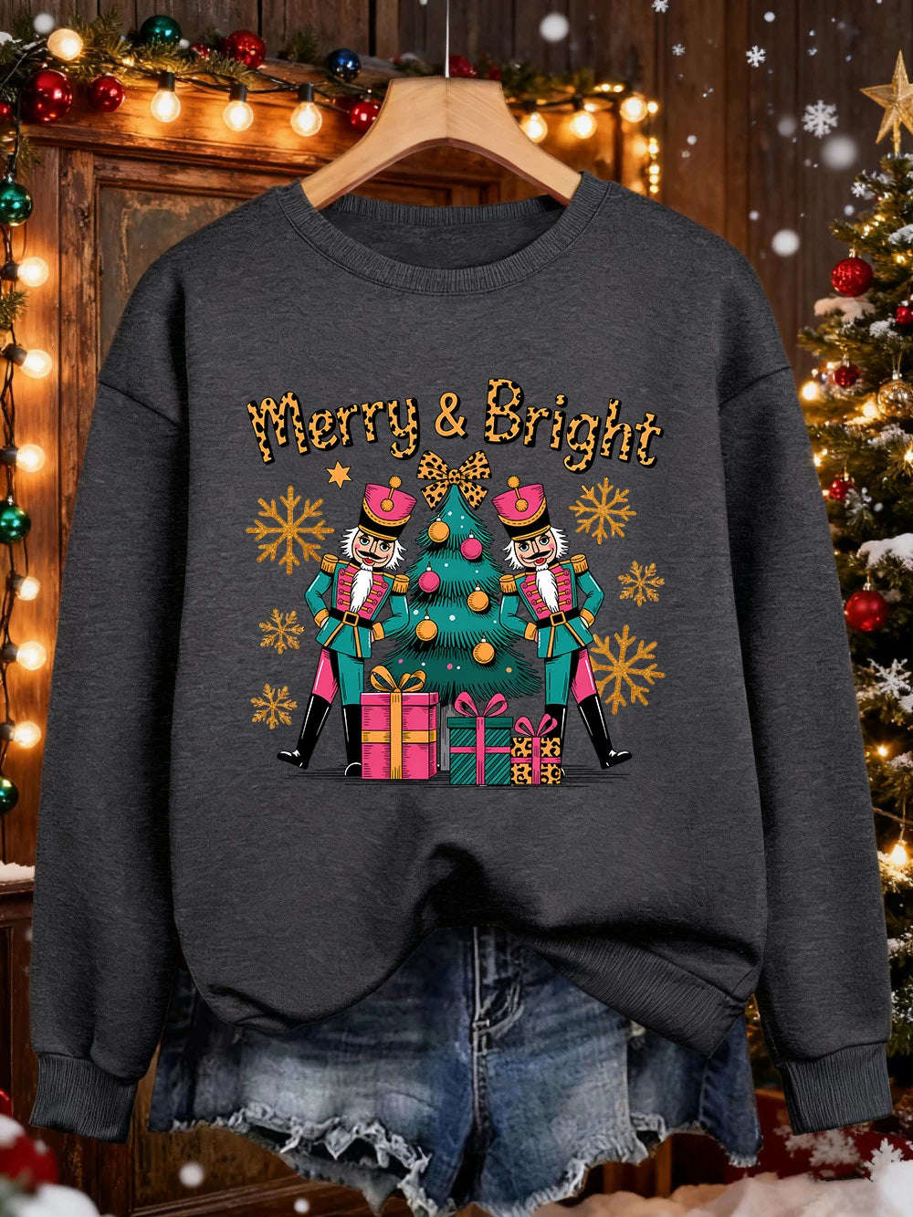 Merry Bright Christmas Gifts Prints Sweatshirt Women Crewneck Casual Hoodie